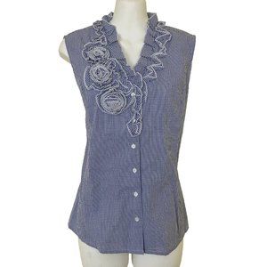 Ravel Blue & White Ruffle Rosette Sleeveless Blouse Gingham Striped Top